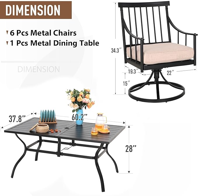 Sophia & William 7 Pieces Outdoor Dining Set for 6, Metal Outdoor Patio Furniture Set with Rectangular Patio Dining Table and Swivel Chairs, Conversation Bistro Set for Garden, Poolside, Yard