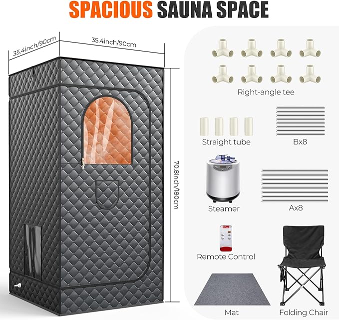 XL Portable Steam Sauna for Home - 2000W Box w/ 3L Tank, Folding Chair, Fast Setup Indoor Saunas for Muscle Relief & Detox, Compact Home Sauna Spa for Family Relaxation