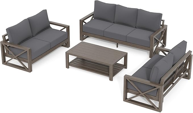 UDPATIO 4 Piece Faux Wood Aluminum Patio Furniture Set 7 Seats Modern Outdoor Furniture Patio Conversation Sets with Coffee Table for Balcony, Backyard, 600D Waterproof Cover Included, Dark Grey