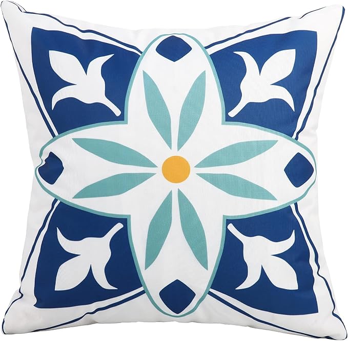 Outdoor Waterproof Throw Pillow Covers Set of 4 Floral Printed and Boho Farmhouse Outdoor Pillow Covers for Patio Funiture Garden 18x18 Inch Blue