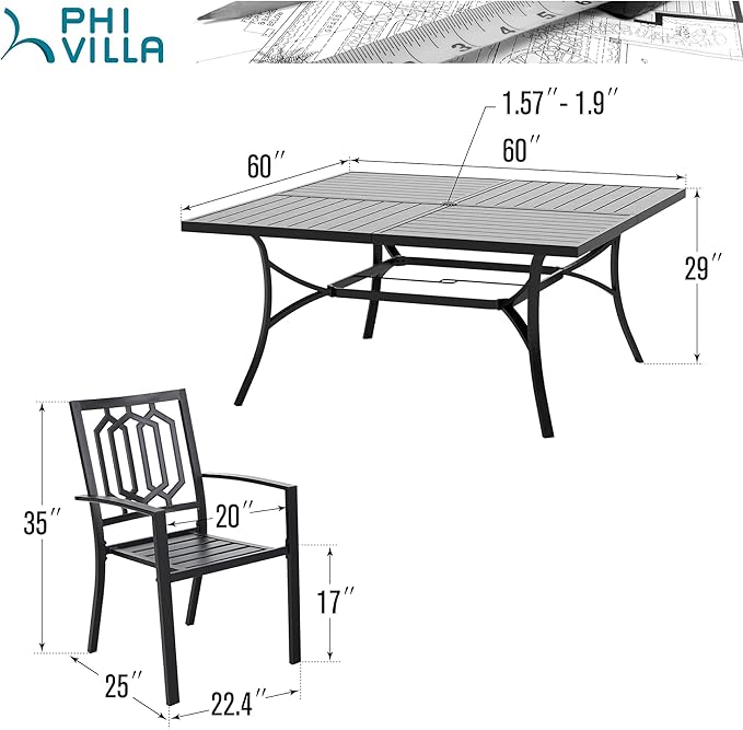 PHI VILLA 9-Piece Outdoor Dining Set, Square Metal Table (60") with Umbrella Hole and 8 Stackable Dining Chairs – Perfect for Patio, Garden, Deck, Porch, and Yard, 9PCS Outdoor Dining Set Style 2