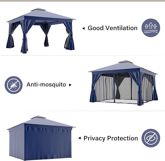 LAUSAINT HOME Outdoor Patio Gazebo 12'x12' with Expansion Bolts, Heavy Duty Party Tent & Shelter with Double Roofs, Mosquito Nettings and Privacy Screens for Backyard, Garden, Lawn, Navy Blue