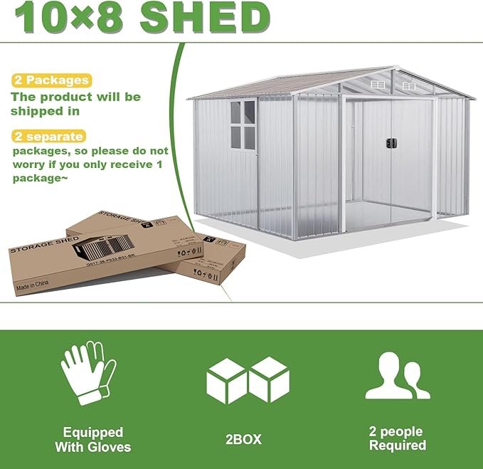 Gotland 10FT x 8FT Sheds & Outdoor Storage, Storage Shed with 1 Large Window Sloped Step, Metal Shed with 2 Lockable Slide Doors Air Vents, Outdoor Shed for Backyard Patio Lawn Brown