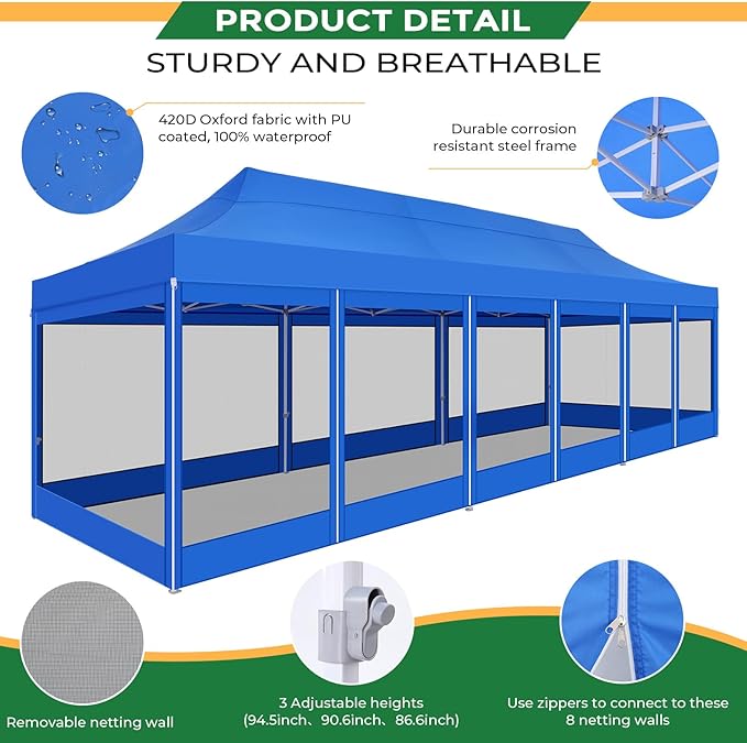 COBIZI 10x30 Heavy Duty Pop Up Canopy with 8 Mosquito Netting Wall, Easy Set Up Commercial Gazebo Party Tent, Outdoor Instant Screen Canopy for Backyard, Patio, Garden, Dark Blue