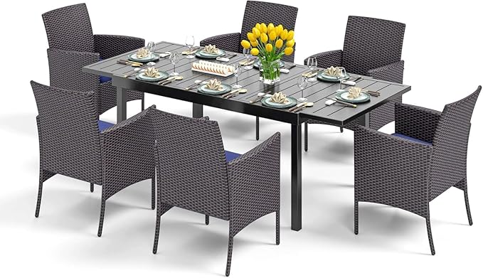 PHI VILLA 7 Pieces Outdoor Dining Set for 6, Expandable Rectangular Metal Table & Wicker Chairs with Cushions, Large Furniture Set for Patio, Deck, Yard, Porch