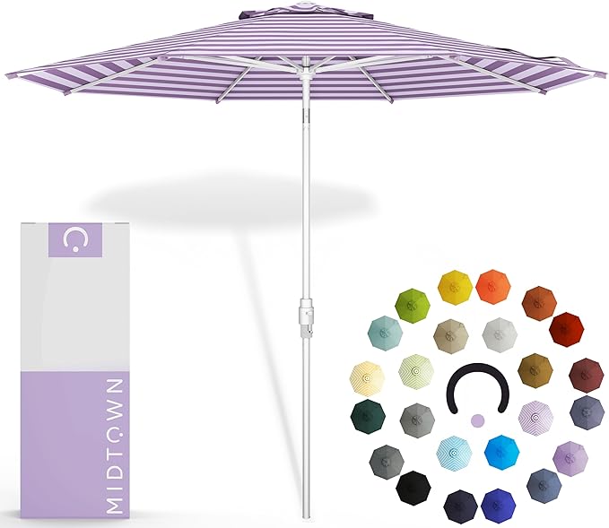 Midtown Umbrellas The Swilt 9 Feet Patio Umbrella in Terylast Midtown Stripes Purple/White Polyester Fabric - Fiberglass Ribs, Auto-Tilt Aluminum Frame For Backyard, Deck, Garden, Pool - White Pole