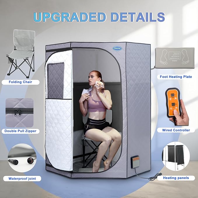 Portable Full Size Infrared Sauna for Home,Pentagonal Size Far Infrared Sauna,One Person Sauna Tent with Heating Foot Pad, Portable Chair, (L38 x W38 x H63, Grey)