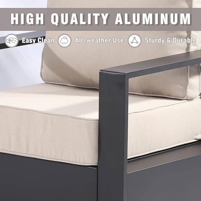 6 PCS Aluminum Patio Conversation Set - 3-Seater Sofa, 2 Swivel Chair, 2 Fixed Chair, 1 Metal Table with 6" Thick Water-insistant Cushions, All-Weather Use Removable Cover (Beige)