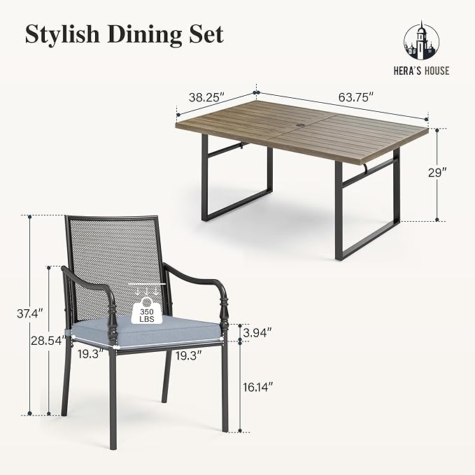 HERA'S HOUSE Metal Patio Table and Chairs Set, 7 Piece Outdoor Dining Set, 6 x Cushioned Chairs with 64" Rectangular Wood-Like Table for Backyard Garden Lawn Restaurant