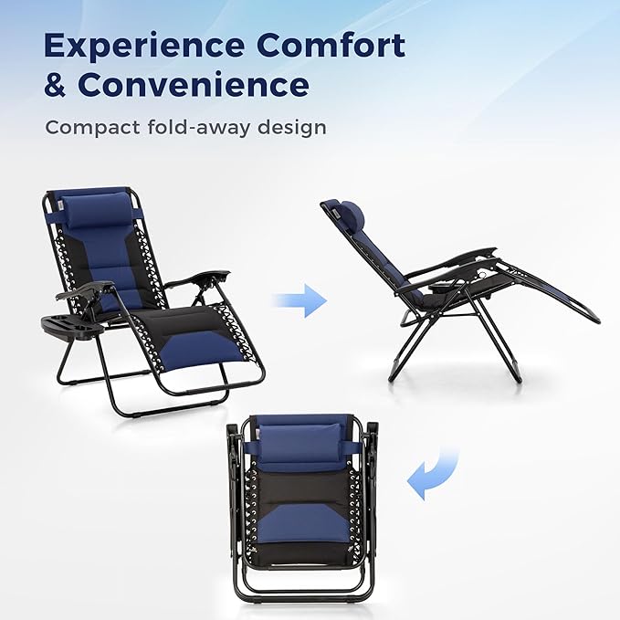 MAISON ARTS Oversized Padded Zero Gravity Chairs Set of 2, Folding Patio Lounge Chair, 28" Wide Seat Anti Gravity Recliners for Lawn Outdoor Camping Poolside Yard, Support 400lbs, Blue & Black