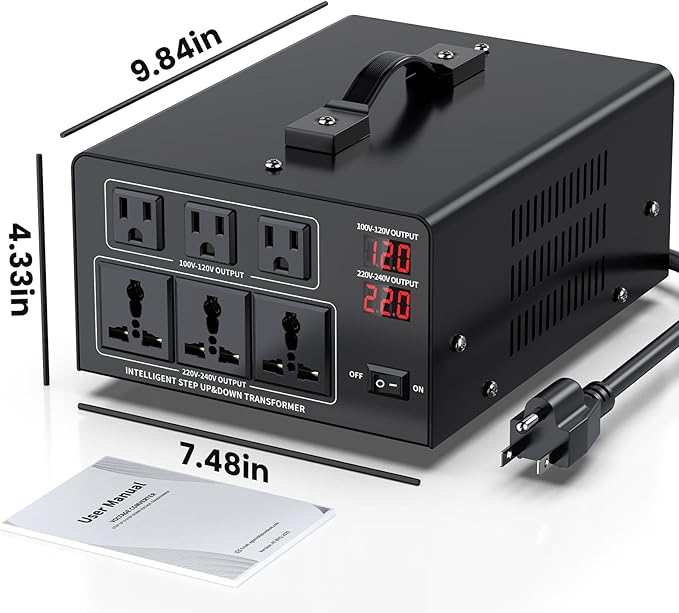 6000W Voltage Converter Transformer Step Up 110V/120V to220V/240V or Step Down 220V to 110V AC Power Converte, Circuit Breaker Protection, 3 US sockets, 3 Universal sockets, LCD Display