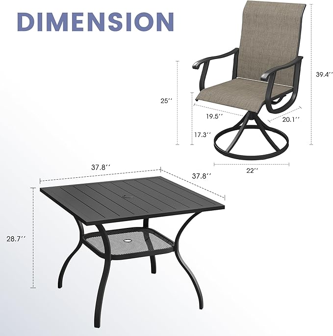 VICLLAX 5 Pieces Outdoor Dining Set, Patio Furniture Set of 4 Patio Swivel Dining Chairs and Square Patio Table with Storage Shelf, Mixed Brown Chairs & Black Tabletop