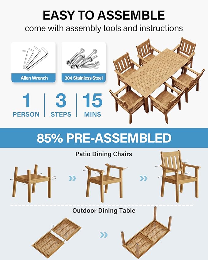 YEFU HIPS Patio Table Set: 7 Piece Outdoor Table and Chairs Dining Furniture Set with Umbrella Hole - Teak Modern Plastic Dining Sets 6 Person for Outside Deck with Metal Aluminum Frame