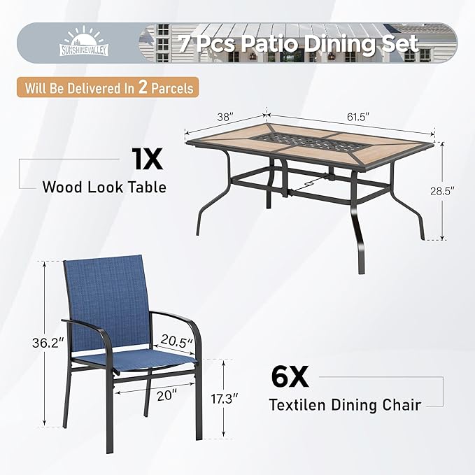 7 Pcs Patio Dining Set for 6, Metal Rectangular Dining Table (PVC Table Top) with Umbrella Hole and 6 Chairs, Outdoor Dining Set for Lawn Garden Deck, Blue
