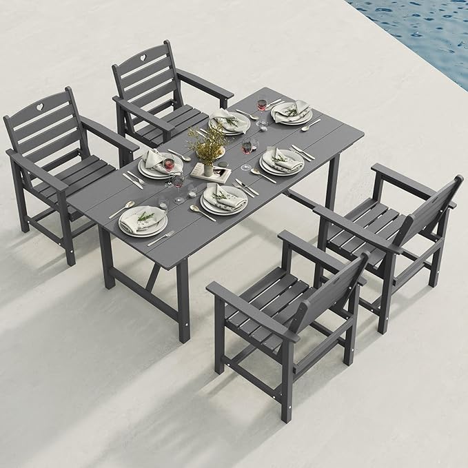 Patio Table and Chairs Set with Umbrella Hole, HDPE Patio Dining Set for 4, Outdoor Dining Set for Lawn, Patio, Porch, Deck, Poolside, Yard (Grey, 5-Piece)