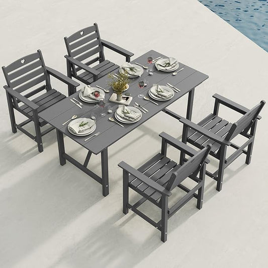 Patio Table and Chairs Set with Umbrella Hole, HDPE Patio Dining Set for 4, Outdoor Dining Set for Lawn, Patio, Porch, Deck, Poolside, Yard (Grey, 5-Piece)