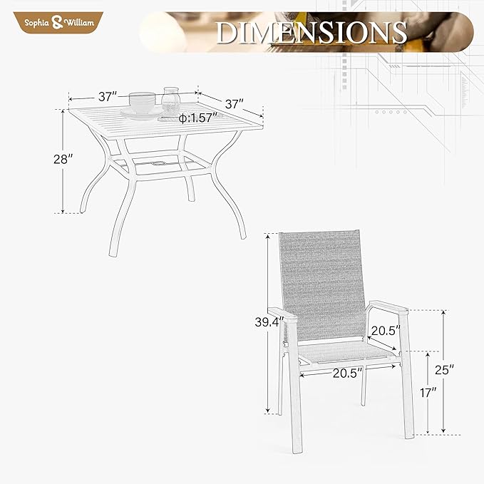 Sophia & William Patio Dining Set 5 Pieces, 4 Stackable Aluminum Textilene Dining Chairs with 37"x 37" Square Dining Table, Patio Table Chair Set for Outdoor Garden Lawn (Beige)