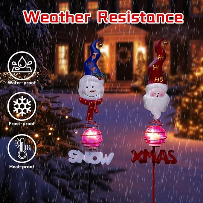 Solar Christmas Decorations Outdoor,2 Pack Snowman＆Santa Claus Xmas Pathways Lights,Christmas Solar Garden Stake Lights for Outside Lawn Patio Landscape