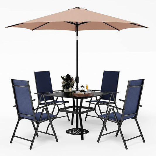 PHI VILLA Outdoor Patio Dining Set for 4 with Umbrella (Beige), Patio Table and Chairs with Adjustable Patio Folding Chairs Blue for Yard and Garden