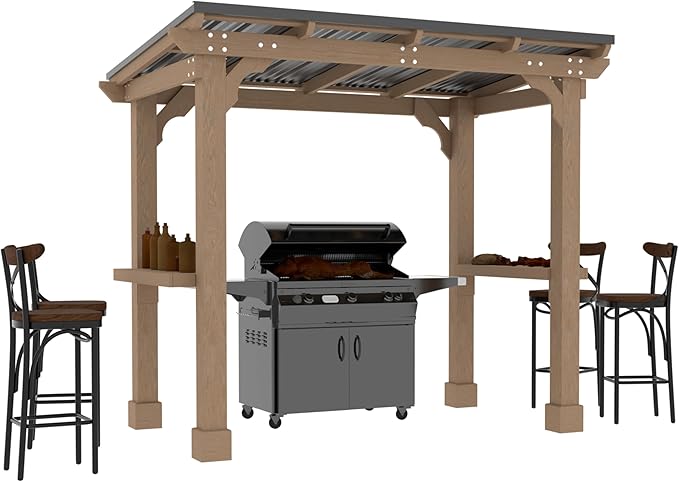 8 x 5 FT Wooden Grill Gazebo with Sloping Metal roof, 2 Full Size Grills, BBQ Canopy for Outdoor Patio, Lawn, Garden, Light Mocha Brown