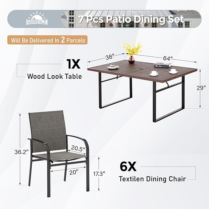 7 Piece Patio Dining Set for 6, 64” Rectangular Wood-Like Metal Table with Umbrella Hole and 6 Chairs, Outdoor Table and Chairs Set for Lawn Backyard and Deck, Brown