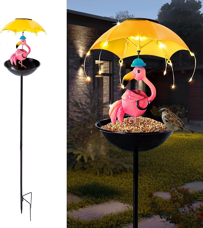 Bird Feeder Solar Garden Decor, Waterproof Flamingo Metal Wildbird Cardinals Hummingbirds Feeders with LED Lights, Gifts for Mom Grandma Bird Lovers Outdoor Path Yard Decoration
