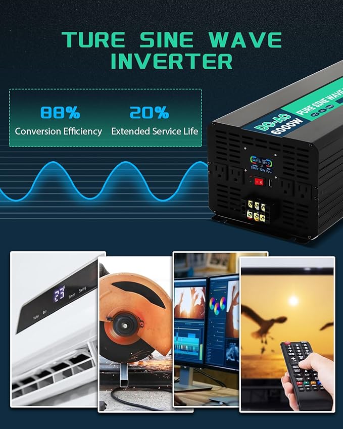 6000W 24V Pure Sine Wave Inverter 24V DC to 110V AC with Wireless Remote LCD Display 4 AC Outlets, 1 USB and Terminal Blocks for RV Truck Cabin Off Grid
