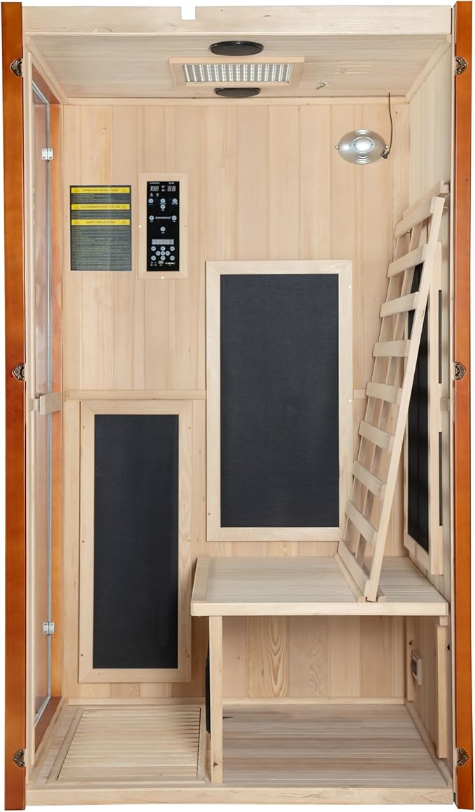 Woodbridge Infrared Home Sauna Room 1 Person Hemlock Wooden Indoor Sauna with 7 Carbon Heaters, Red Light Therapy, Bluetooth Speaker, Intelligent Control Panel, Tempered Glass & Top Vent