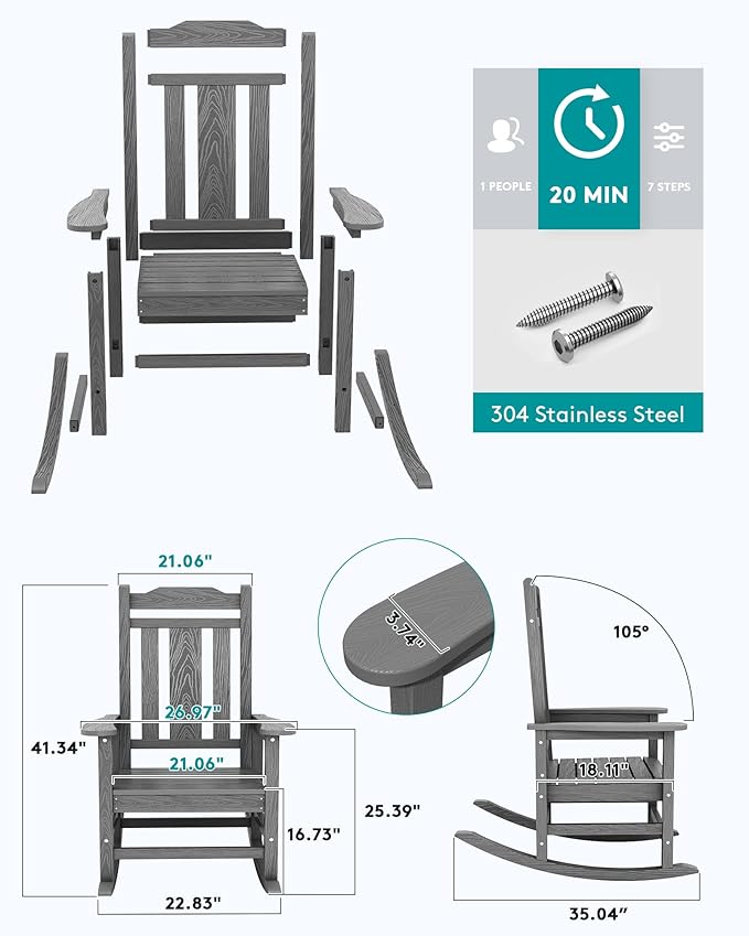 SERWALL Oversized Rocking Chair Set of 4 Outdoor, HDPE Outdoor Rocking Chair Set of 4, Grey