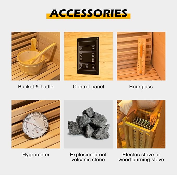 ZONEMEL Wooden Steam Sauna Room, 2-3 Person Canadian Hemlock Luxurious Indoor Sauna with 4.5 KW Harvia Stove Heater, WiFi Control, Sauna Stone, Wooden Bucket, Scoop, Reading Light, Hourglass, 220V
