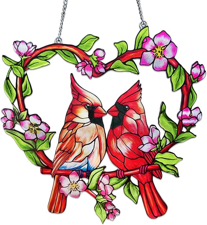 Stained Glass Window Hanging Cardinal Suncatcher,velaboll 10 inch Cardinal Decor for Home Decor, Garden, Patio, Gift for Nature and Bird Lovers