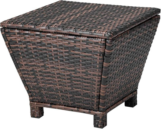 VINGLI 13 Gallon Outdoor Deck Box, Wicker Outdoor Storage Box with Lid, Small Storage Bin Container for Outside and Patio, Patio Rattan Side Table for Yard Porch (Brown, Trapezoidal)