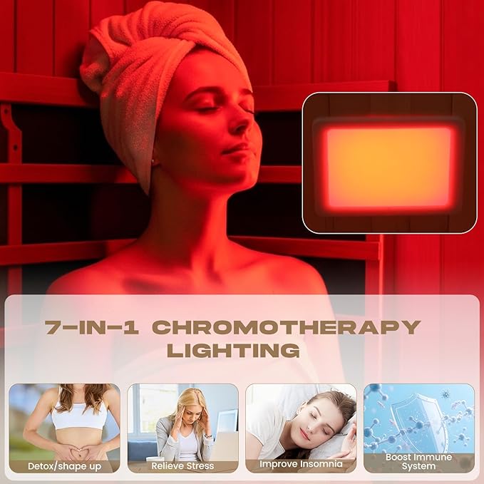 2 Person Infrared Sauna, Full Spectrum Sauna for Home, Indoor Dry Saunas with 5 Carbon Panels and 1 Carbon Tube, Oxygen Bar and 7 Color Light Strips, Canadian Hemlock,110V