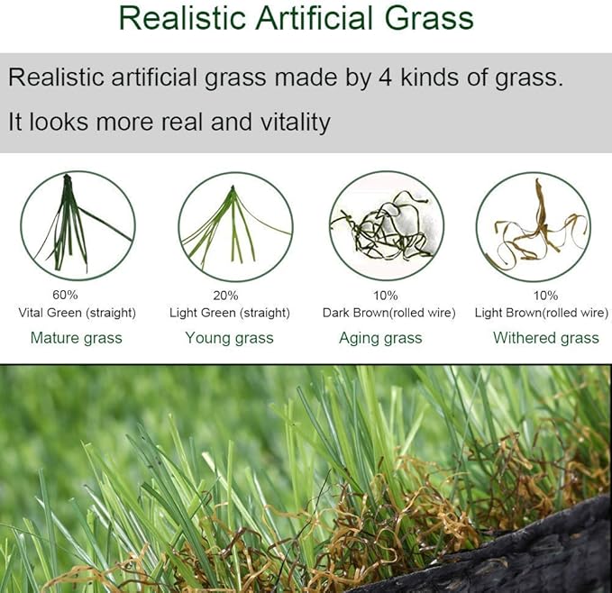 Artificial Grass Turf 4FTX12FT, 1.38" Pile Height Realistic Synthetic Grass, Indoor Outdoor Pet Faux Grass Astro Rug Carpet for Garden Backyard Patio Balcony