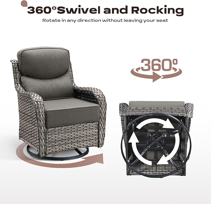 Rilyson 6 Piece Outdoor Patio Swivel Rocker Chairs, Waterproof Wicker, High Back, Deep Seating, Wide Armrest, Upgraded 6 inch Thick Cushions, Side Table, Ideal for Deck Porch Yard, Mixed Grey/Grey