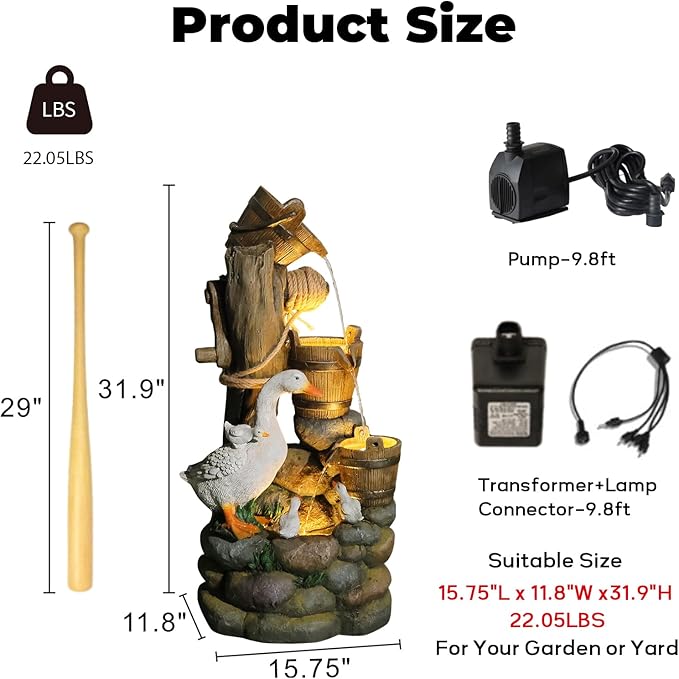 4-Tiers Cascading Outdoor Water Fountain, 31.9'' Tall Duck & Wooden Bucket Stump Waterfall Garden Fountains with LED Lights & Pump Water Feature Resin for Patio, Deck, Yard, Home Decor