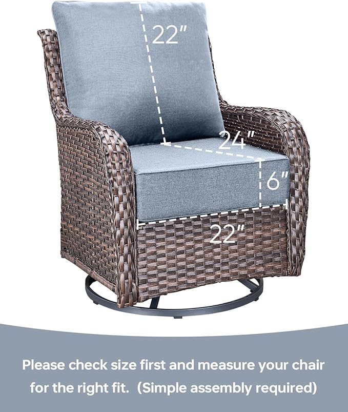 Luxury 22x24/22x25 6-Inch Outdoor Seat Cushions - Set of 2 Water Resistant Patio Chair Comfortable Cushion for Rattan Dining Rocker Glider Chairs Loveseat Couch Sectional Sofa - Baby Blue
