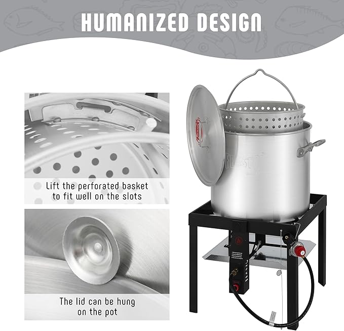 80QT Outdoor Propane Aluminum Boiling Pot with Basket, Crab Steaming, Crawfish Boil, Seafood Boil Pot, Crawfish Cooker, Low Country Boil Pot, Non-Assembly Frame Stand, CSA Certified