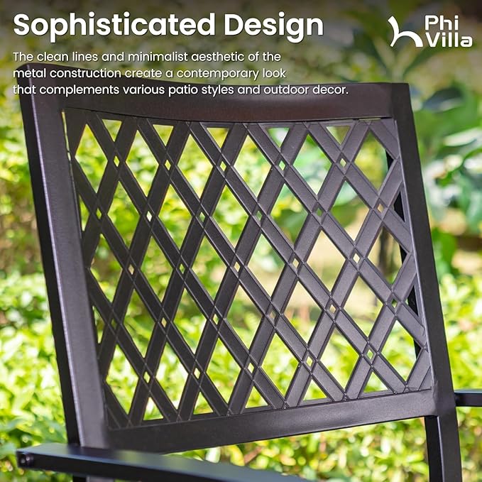PHI VILLA Outdoor Metal Swivel Chairs Set of 2 Patio Dining Chair with Cushion Furniture Set for Garden Backyard Bistro, Small Grid, Black