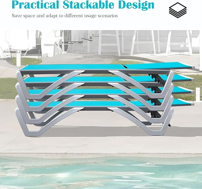 Domi Outdoor Lounge Chair Set of 3, Aluminum Patio Chaise Lounge with 5 Position Adjustable Backrest and Wheels, All Weather Reclining Chair for Patio, Yard, Balcony, Poolside (Lake Blue)