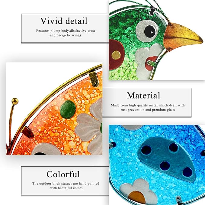 John's Studio Garden Decor for Outside - Outdoor Statue Decorations Metal Bird Glass Yard Art Décor, Lawn Ornaments for Patio Yard Porch, Housewarming Gift - 3 PCS