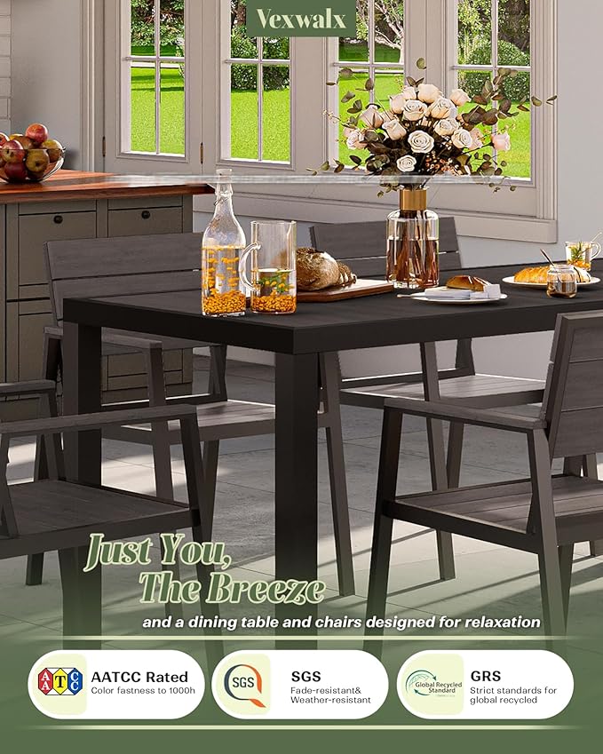 Outdoor Dining Set, Patio Table and Chairs of 4, Aluminum Outdoor Furniture Set with Umbrella Hole, HDPS Patio Dining Table Set for 4 (Charcoal)