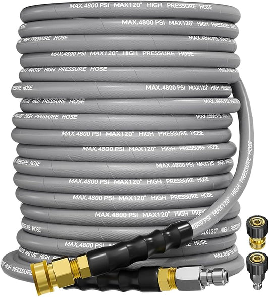 3/8" 4800PSI Pressure Washer Hose 100FT with Swivel Quick Connect for Cold/Hot Water Max 248°F, Kink Resistant Steel Wire Braided, Wear Resistant Power Washer Hose with M22 14mm Adapter
