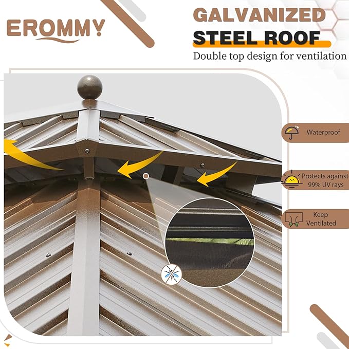 EROMMY 12' x 20' Gazebo Hardtop Double Roof Galvanized Steel Canopy with Netting and Curtains Outdoor Aluminum Frame Permanent Metal Pavilion for Patio Backyard Deck and Lawns
