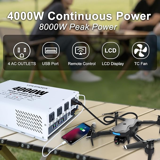 4000W Power Inverter 12V DC to 110V 120V AC (Peak 8000W) for RV, Truck, Off-Grid, Solar, Home & Vehicles | 4 AC Outlets, 3.1A USB Port | LCD Display, Remote Controller (16.5Ft Cable) & Hardwire Kit