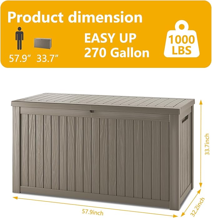 270 Gallon Deck Box, Resin Outdoor Indoor Waterproof Storage Box, Lockable Storage Box With Handle for Patio Furniture - Garden Tools - Swimming Pool Tools UV-Resistant, Grey