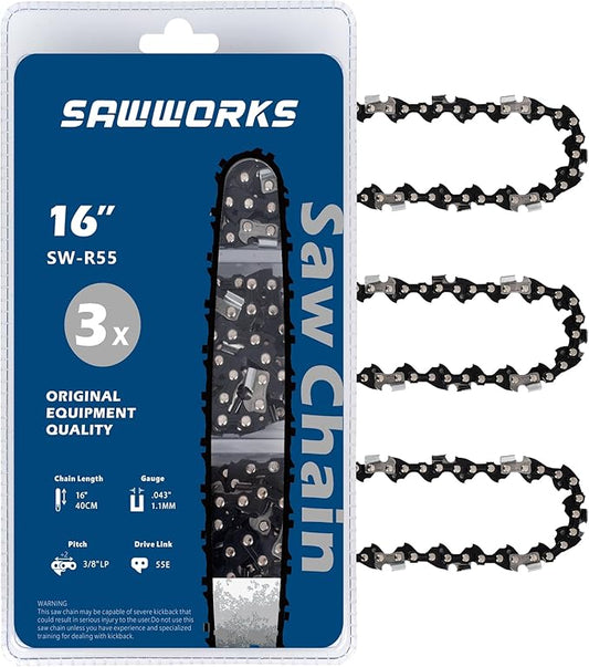 3-Pack Stihl Chainsaw Chain 16 Inch 3/8"LP Pitch .043" Gauge 55 Drive Links Fits 61PMMC3-55 Stihl MS170, MS171, MS180c, Oregon R55 and More