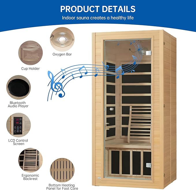 Infrared Sauna Room for Home, Near Zero EMF Wooden 1 Person Indoor Home Sauna with Bluetooth, LCD Control Panel, Chromo Therapy Light