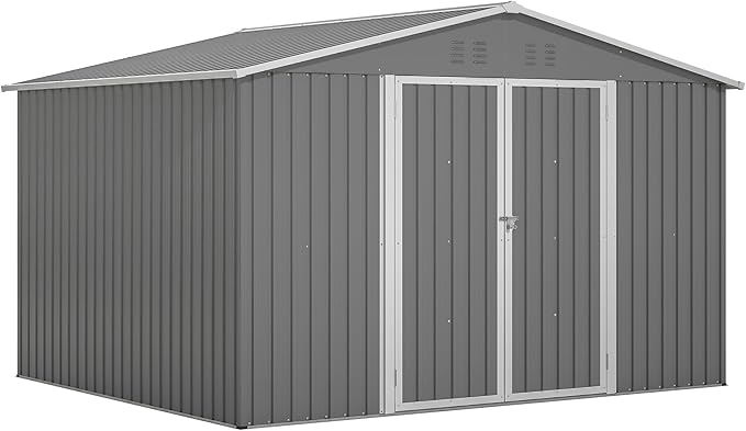 10X8 FT Outdoor Tool Storage Shed with Metal Foundation & Lockable Doors, All Weather Metal Sheds for Garden, Patio, Backyard, Lawn, Gray