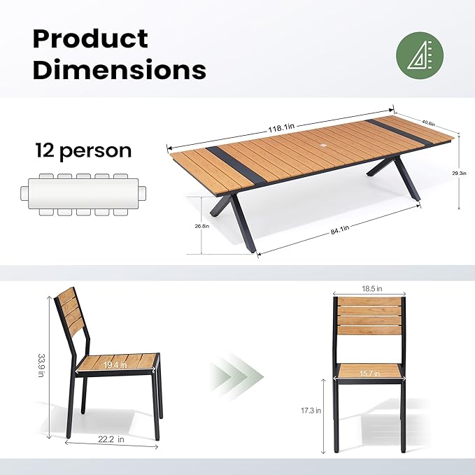Pellebant 13 Piece Patio Table and Chairs Set for 12, Aluminum Outdoor Dining Set with Umbrella Hole, Stackable Dining Chairs & 114" Dining Table, Brown